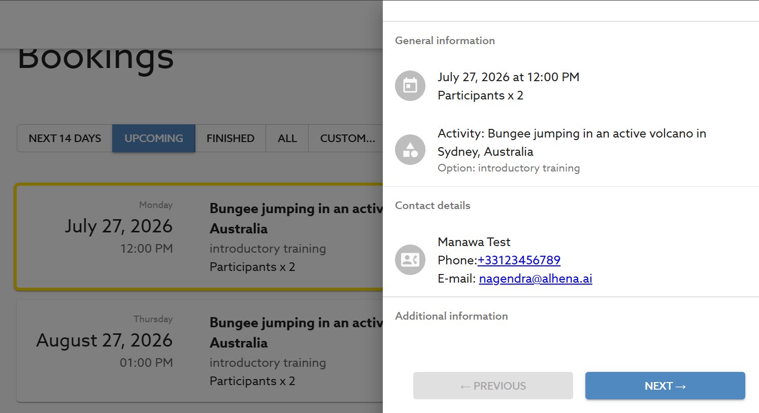 The detail panel for a confirmed booking: you'll find the customer's name, phone number and email address in the "Contact details" section.