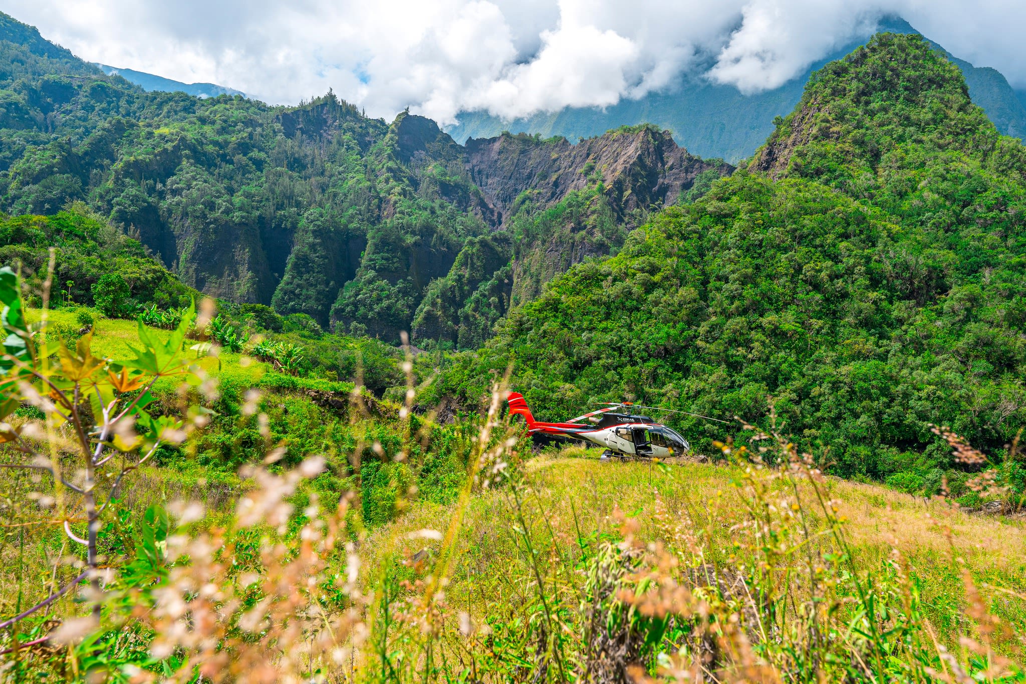 helicopter in the Cirque de Cilaos