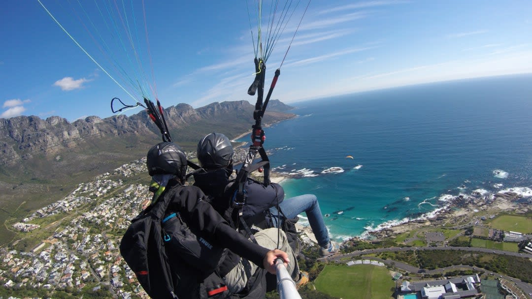 Tandem paragliding over Cape Town and Table Mountain, South Africa