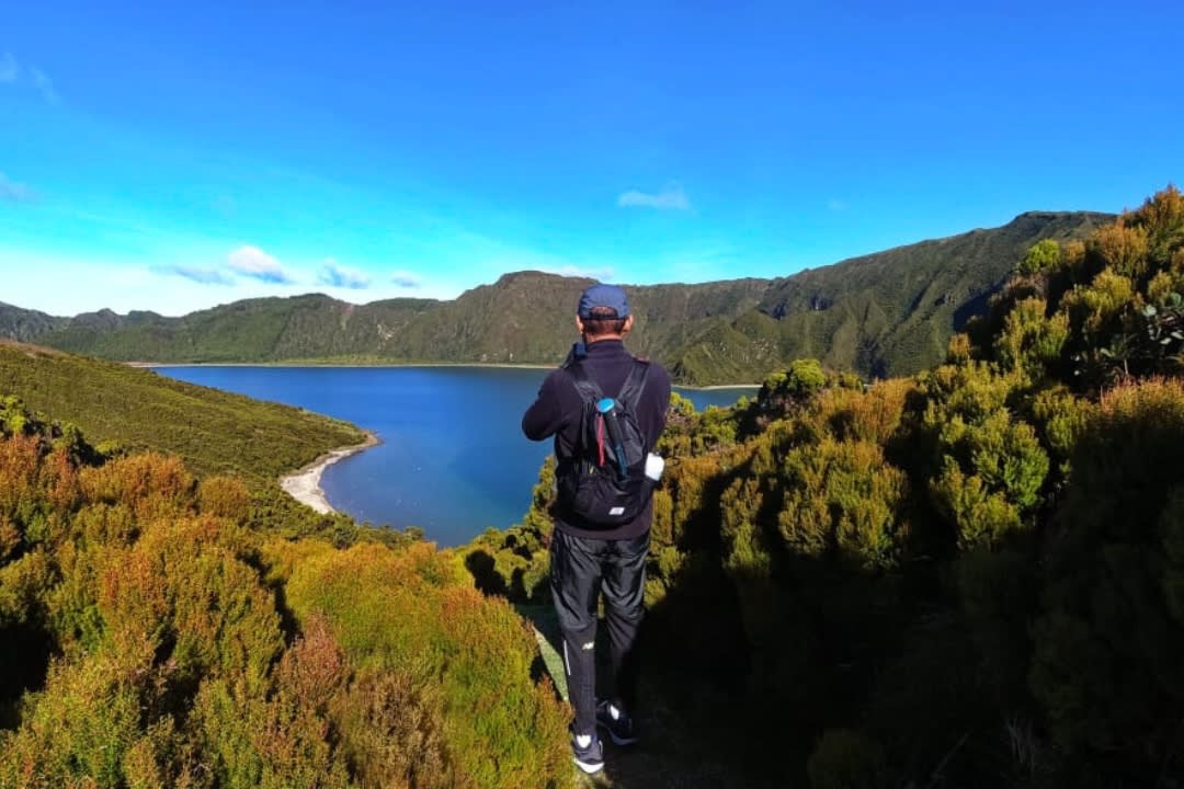 A man doing Hiking Excursion in São Miguel Island, Azores Lagoa do Fogo