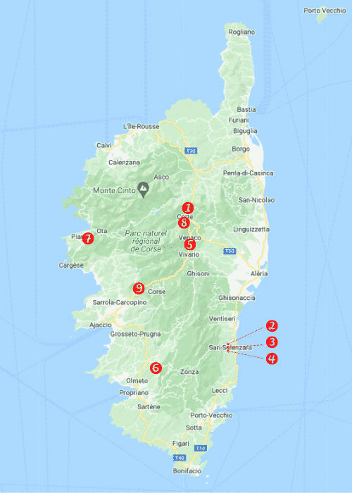 Carte de canyoning en Corse