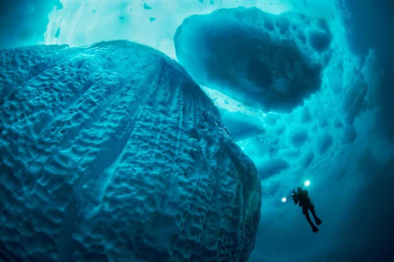 Buceador nadando sobre hielo a lo largo de un iceberg en aguas cristalinas sosteniendo una cámara de vídeo con las luces encendidas, fiordo de Tasiilaq, Groenlandia Oriental, Océano Atlántico, Ártico, calentamiento global.