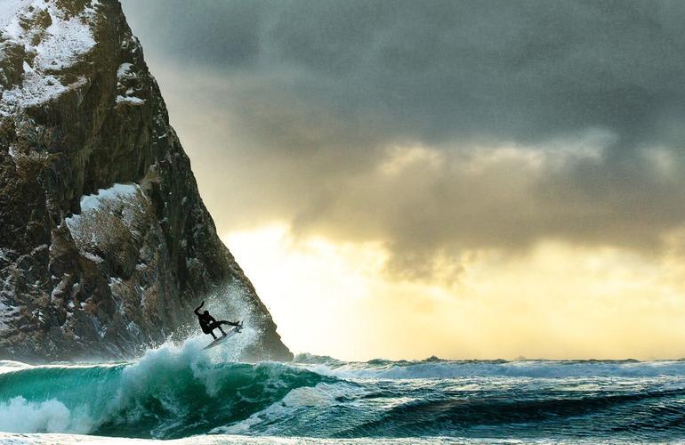 Arctic surfing in Unstad Bay, Lofoten