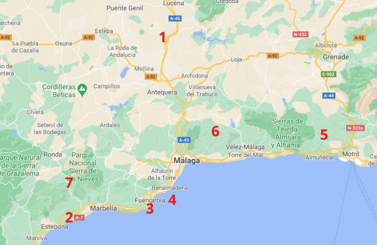 Map with 7 cheap activities to do in Malaga