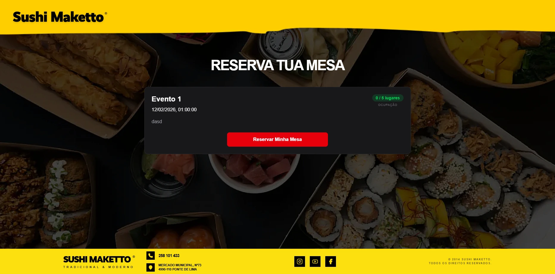 Página para reserva de mesas em noites de sushi