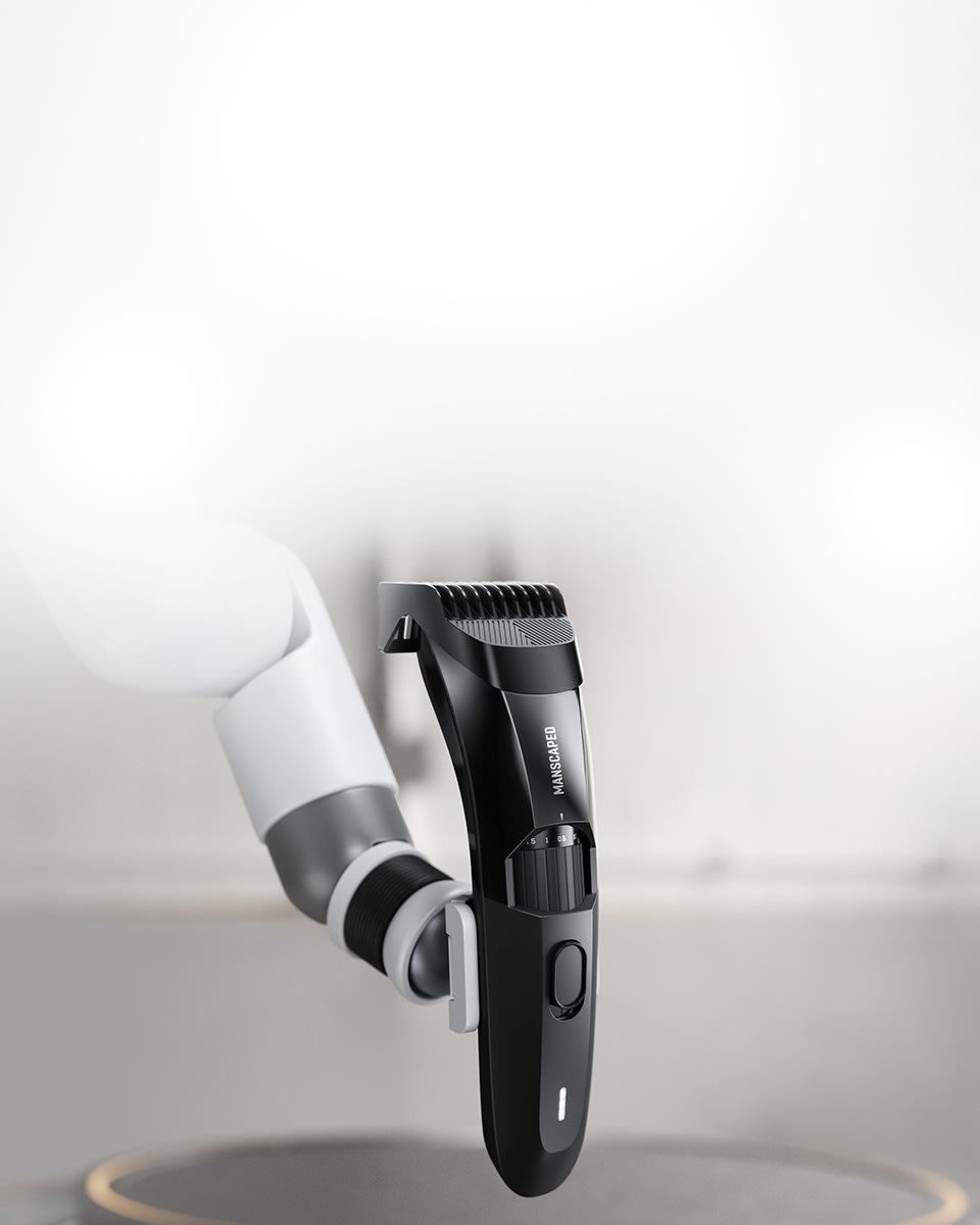 The Beard Hedger™ trimmer on display being held by mechanical arm