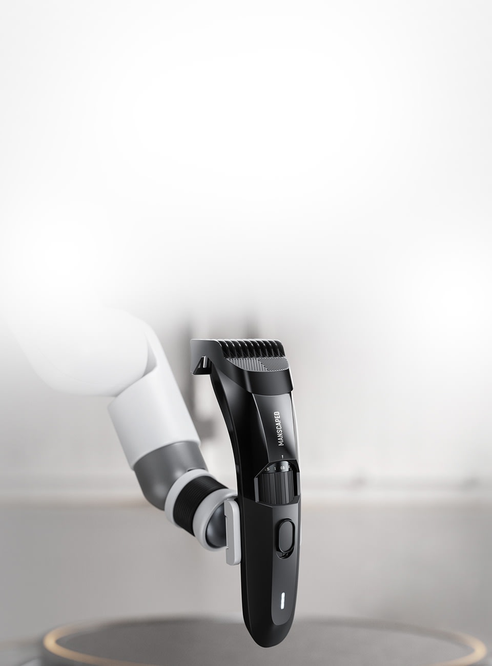 The Beard Hedger™ trimmer on display being held by mechanical arm