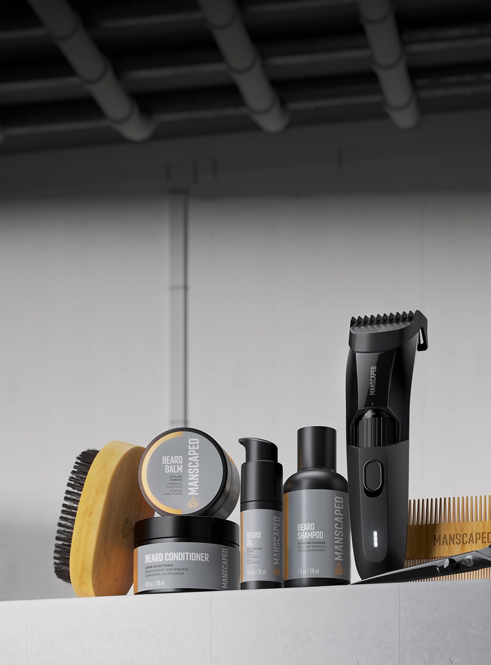 The Beard Hedger™ Pro Kit with all products sitting on a shelf