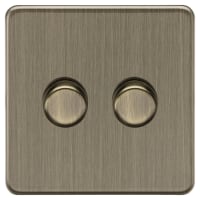 Knightsbridge 5-150W 2 Gang 2 Way Push On/Off Rotary Flat Intelligent LED Dimmer Switch- Ant Brass