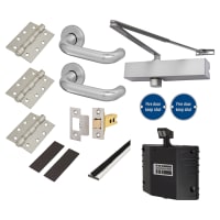 Medium Duty Latch Door Handle on Rose Fire Door Kit & Dorgard Holder - Push/Pull - Aluminium