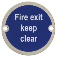 Altro Fire Exit Keep Clear Door Sign - 75mm Diameter - Polished Stainless Steel