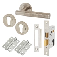 Altro Satin Nickel Reeded Euro Lock Door Handles on Rose Pack - Lily Range