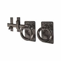 Olde Forge Tudor Style Ring Gate Latch - 190mm Throw - Metalized Antique Black Iron