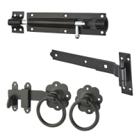 Medium Duty Cranked Hook & Band Gate Hinge Kit with Ring Gate Latch - 300mm - Black