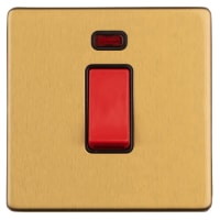 Eurolite Concealed 45A 1 Gang Screwless Flat Plate DP Cooker Switch with Neon - Satin Brass/Black