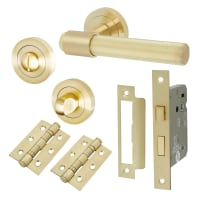 Altro Satin Brass Knurled Bathroom Lock Door Handles on Rose Pack - Esme Range