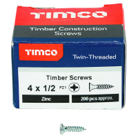 TIMCO Twin Threaded Pozi Countersunk Wood Screws - 4 x 1/2 Inch - Zinc Plated - Pack of 200