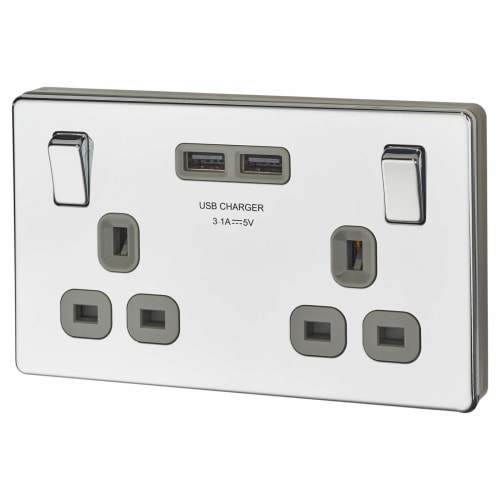 BG 13A 2 Gang Screwless Flat Plate USB Socket with 2 x USB 3.1A Polished Chrome with Grey