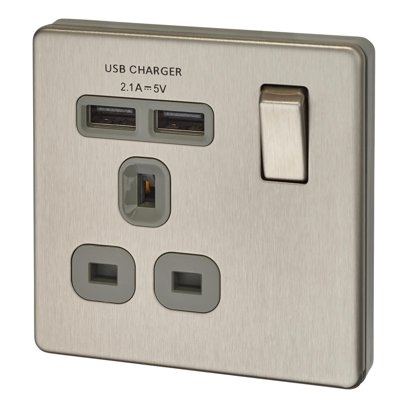 BG 13A Screwless Flatplate Socket with 2 x USB 2.1A Brushed Steel