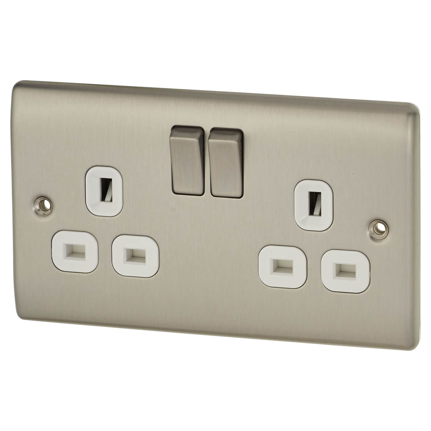BG 13A 2 Gang Switched Socket White Insert Brushed Steel