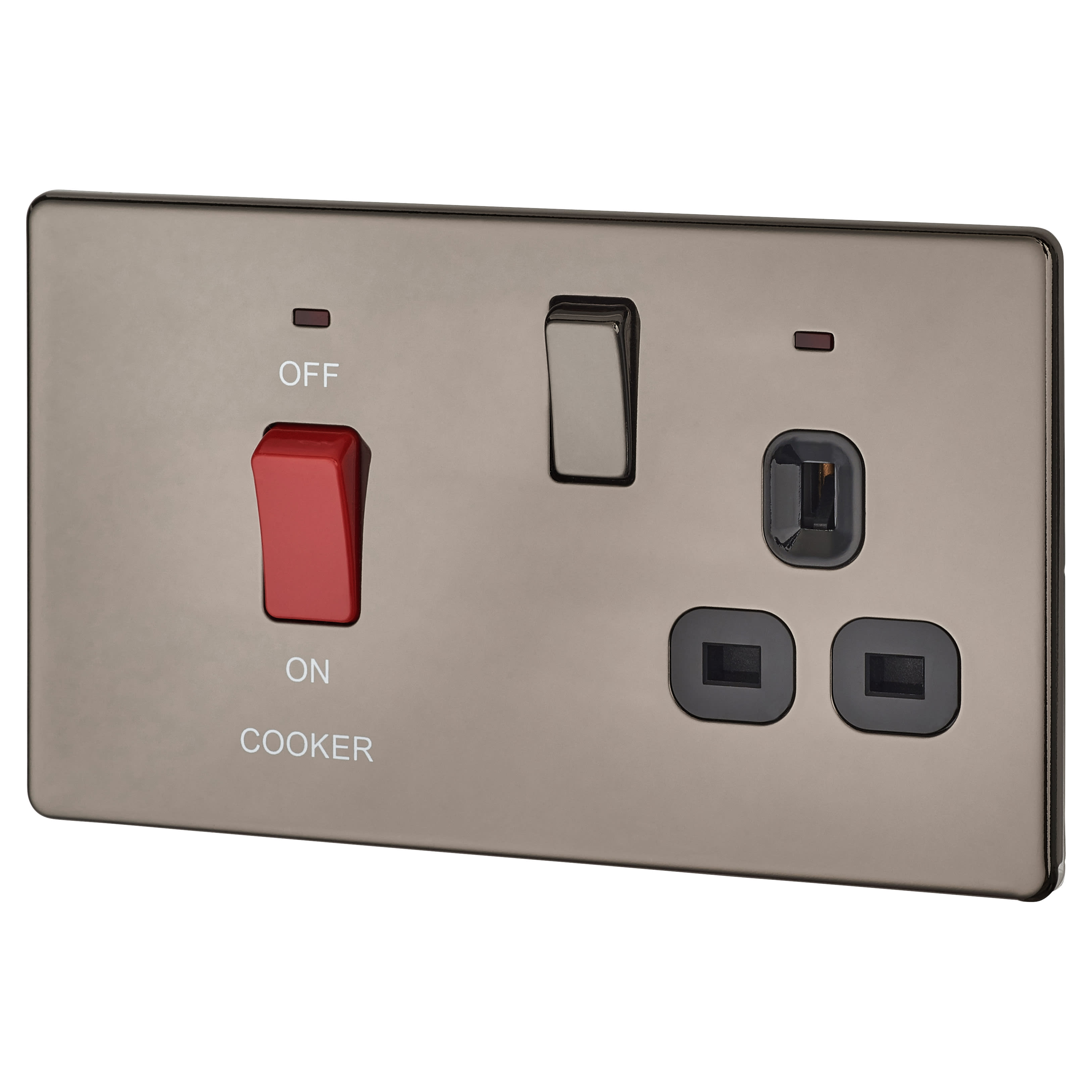 BG Screwless Flatplate 45A DP Switch with 13A Socket & Neon Black Nickel with Black Insert