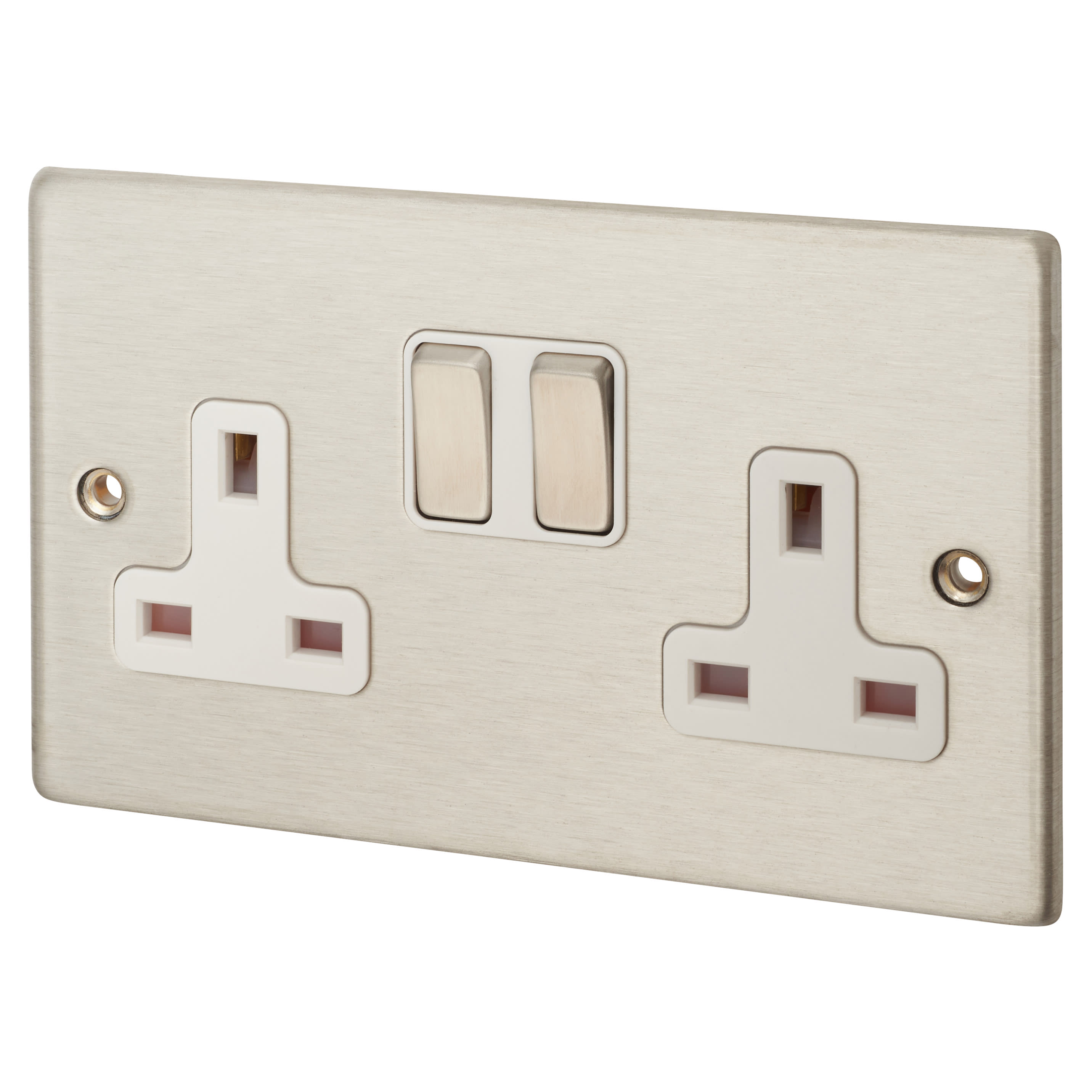 Hamilton Hartland 13A 2 Gang Switched Socket Satin Steel with White