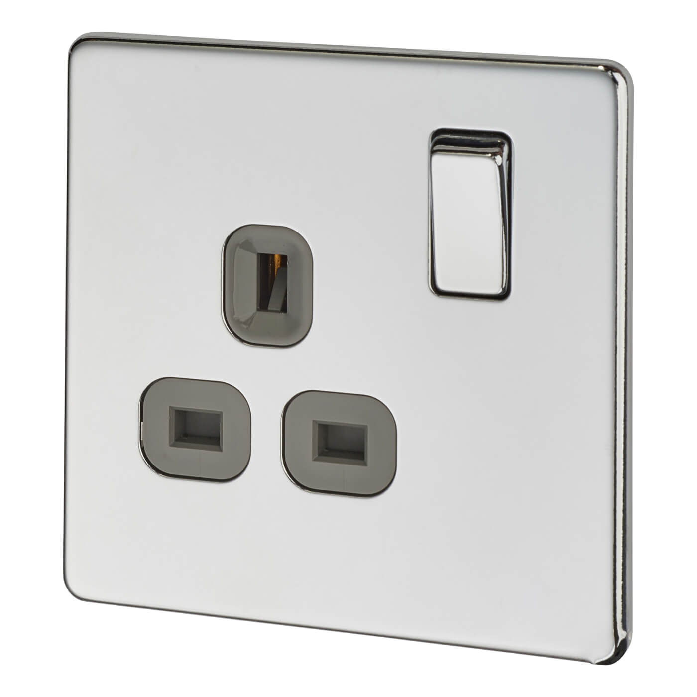 BG Screwless Flatplate 13A 1 Gang Switch Socket Polished Chrome with Grey Insert