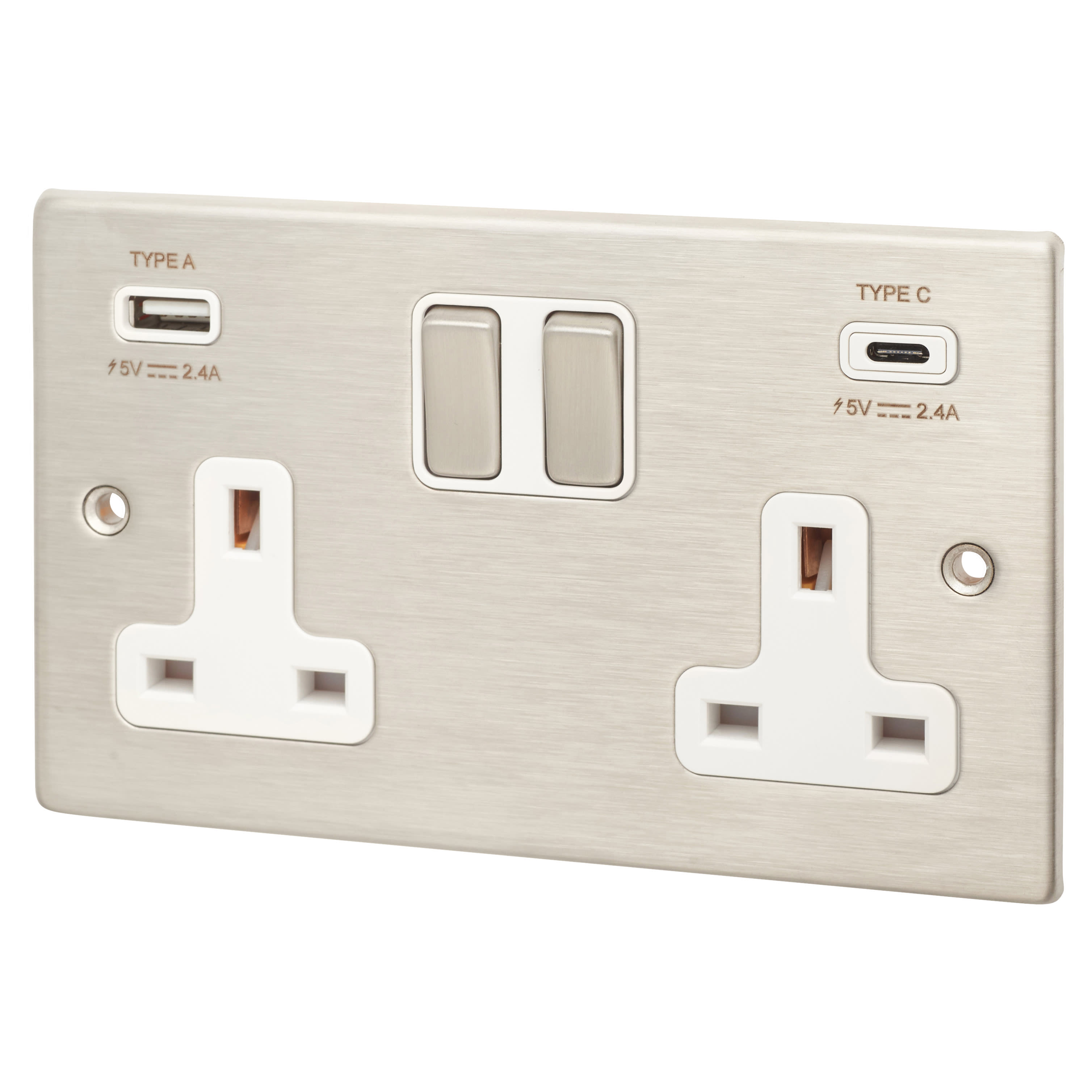 Hamilton Hartland 13A 2 Gang Type A/C USB with 2 x USB 4.8A - Satin Steel/White Inserts | ElectricalDirect