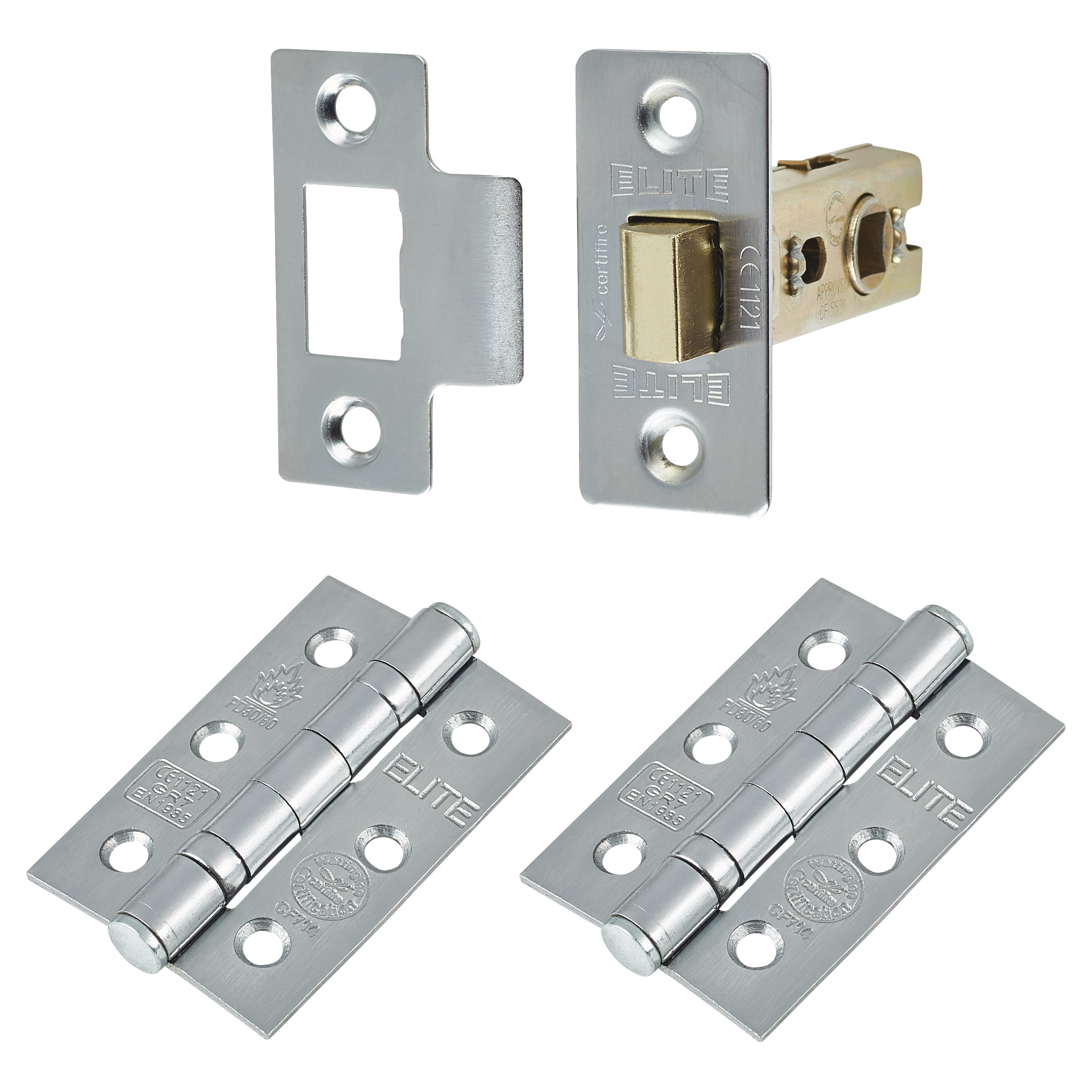 Altro Latch Pack 57mm Backset 2 x Fire Rated Ball Bearing Hinges Satin Chrome