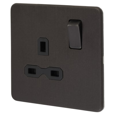 Knightsbridge 13A 1 Gang Screwless Flat Plate Switched DP Socket - Smoked Bronze/Black Inserts