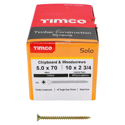 TIMCO Solo Chippy Pozi Countersunk Wood Screws - 5.0 x 70mm - Yellow Zinc - Pack of 200