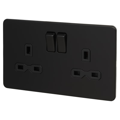 Knightsbridge 13A 2 Gang Screwless Flat Plate Switched DP Socket - Matt Black with Black Insert