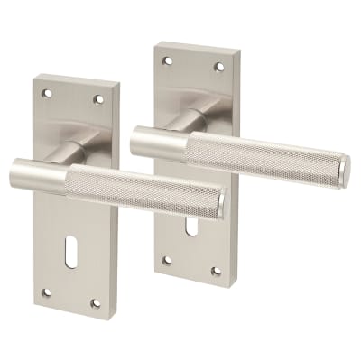 Altro Remi Knurled Lock Door Handle - Keyhole - 155 x 55mm - Satin Nickel