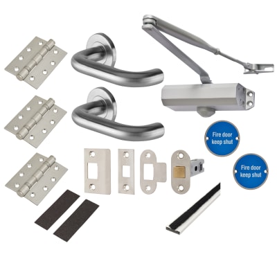 Light Duty Latch Door Handle on Rose Fire Door Kit - Power Size 3 - Push/Pull - Satin Stainless