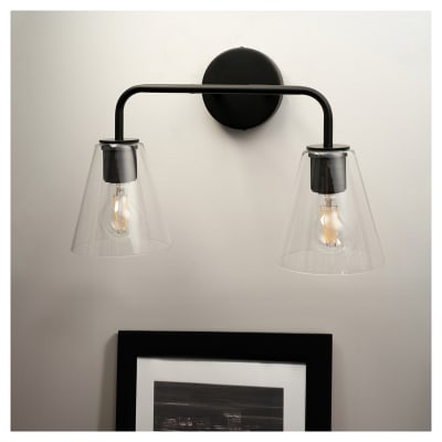 Altro Sabana Knurled 2 Light Indoor Wall Light - Matt Black Fittings & Hooded Clear Glass Shades