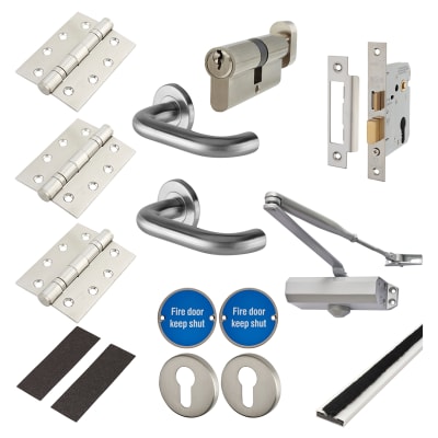 Light Duty Euro Lock Door Handle on Rose Fire Door Kit - Power Size 3 - Satin Stainless