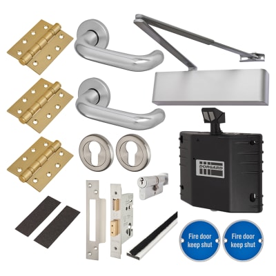 Heavy Duty Euro Lock Door Handle on Rose Fire Door Kit & Dorgard Holder - Aluminium