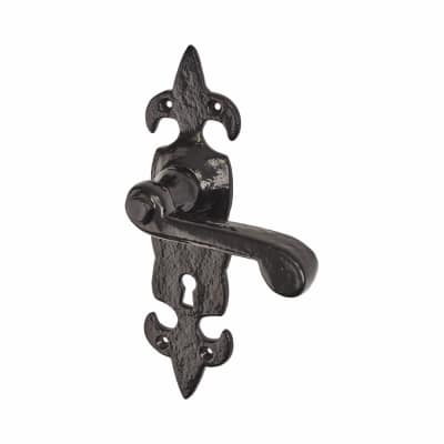 Elan Metalized Antique Black Iron Scroll Keyhole Lock Door Handle - Fleur de Lys Range - 210 x 55mm