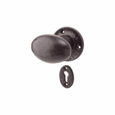 Olde Forge Oval Mortice/Rim Door Knob with Escutcheon - 60mm Rose Diameter - Antique Black Iron