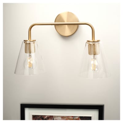 Altro Sabana Knurled 2 Light Indoor Wall Light - Satin Brass Fittings & Hooded Clear Glass Shades