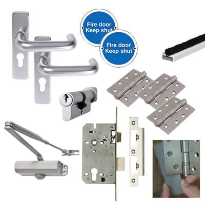 Light Duty Euro Lock Door Handle on Backplate Fire Door Kit - Satin Aluminium