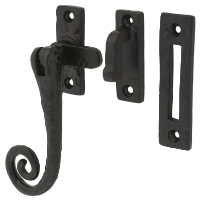 Olde Forge Curly Tail Mortice & Hook Plate Casement Window Fastener - Reversible - Antique Black