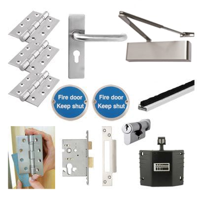 Heavy Duty Euro Lock Door Handle on Backplate Fire Door Kit & Dorgard Holder - Stainless Steel