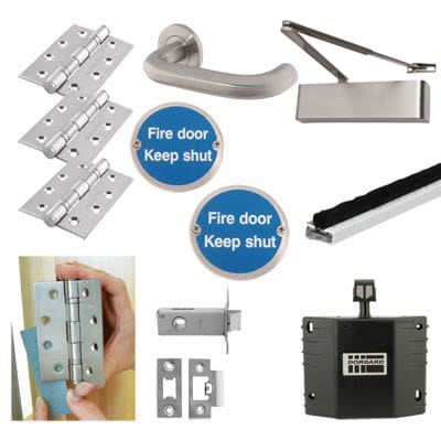Heavy Duty Latch Door Handle on Rose Fire Door Kit & Dorgard Holder - Stainless Steel
