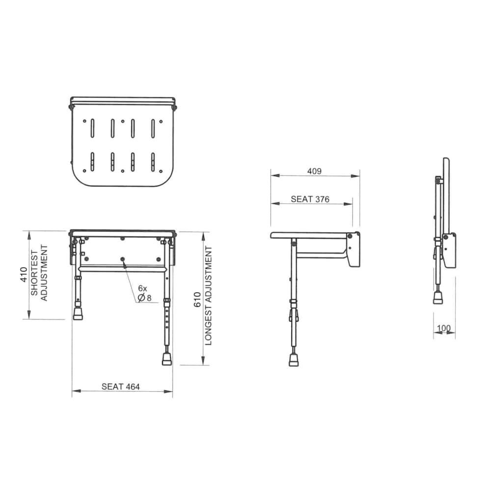 Fitzroy of London Folding Wall Mounted Shower Seat With Legs - 410-610 x 464 x 409mm - White