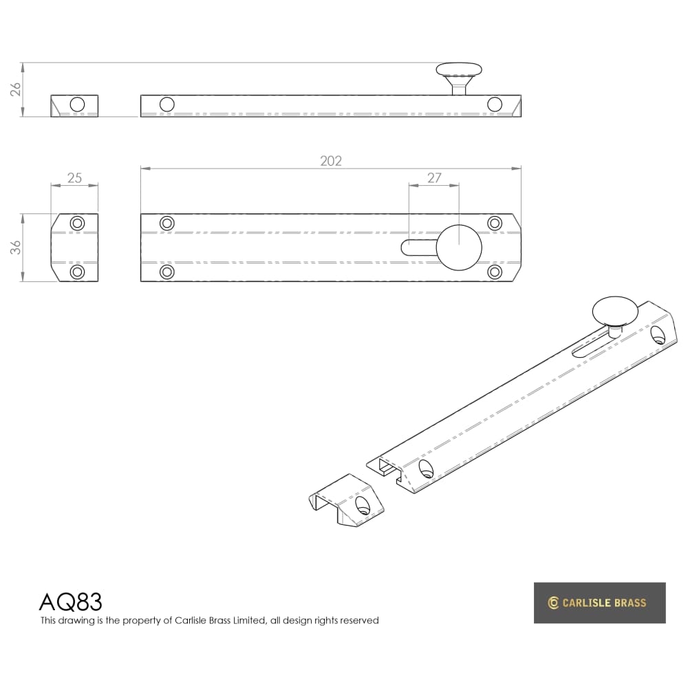 Carlisle Brass French Door Bolt/Flat Section Bolt - 202 x 36mm - Satin Chrome