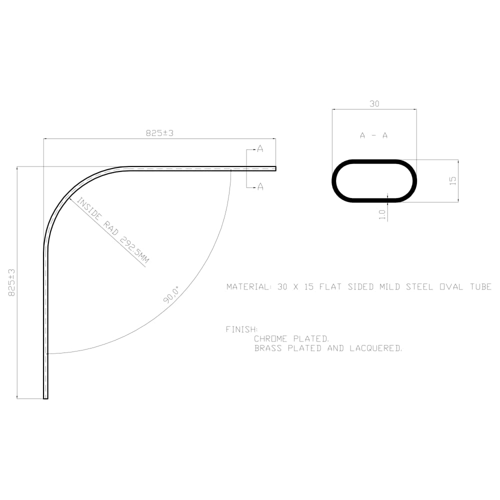 Rothley 90° Curved 30 x 15mm Oval Hanging Rail Tube - Polished Chrome