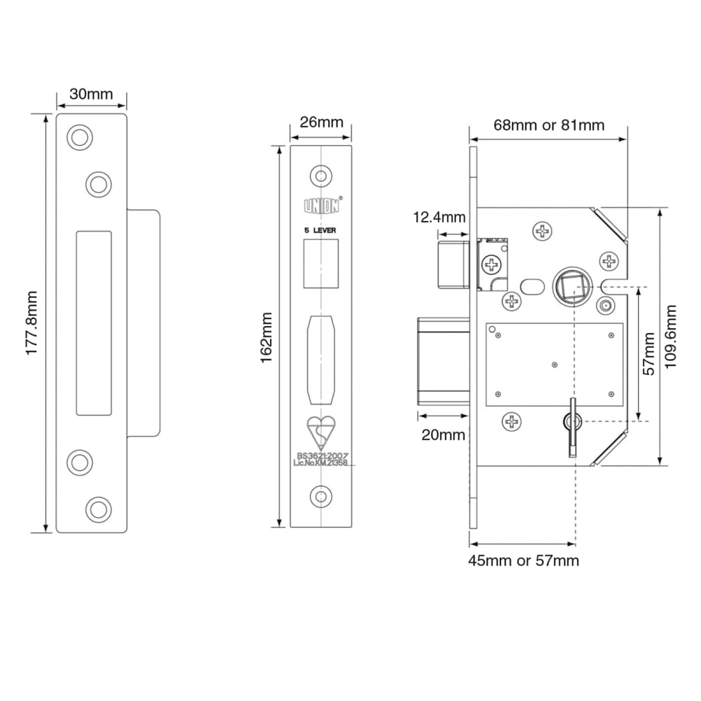 UNION 2200S StrongBOLT BS3621:2007 5 Lever Sashlock - 68mm Case - 45mm Backset - Satin Stainless