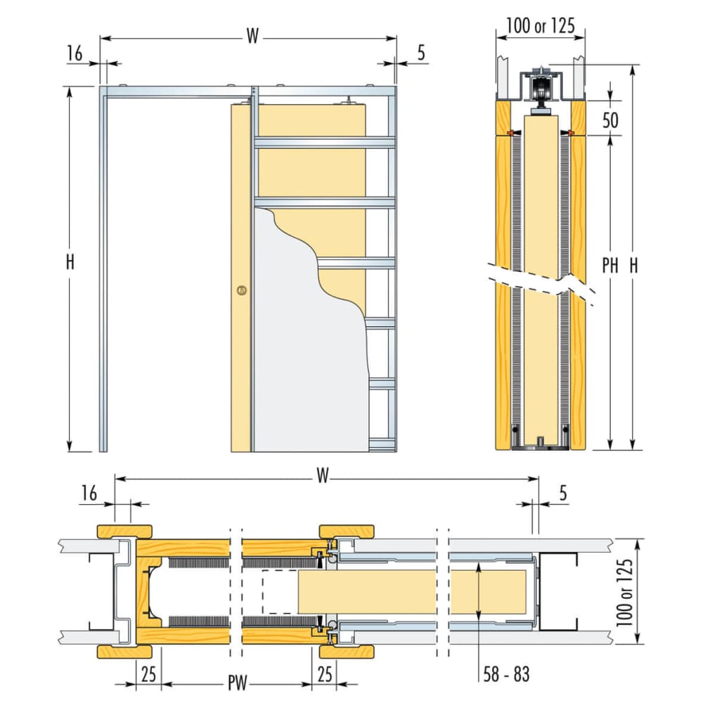 Eclisse 8mm Glass Single Pocket Door Kit - 100mm Finished Wall Thickness - 762 x 1981mm Door Size
