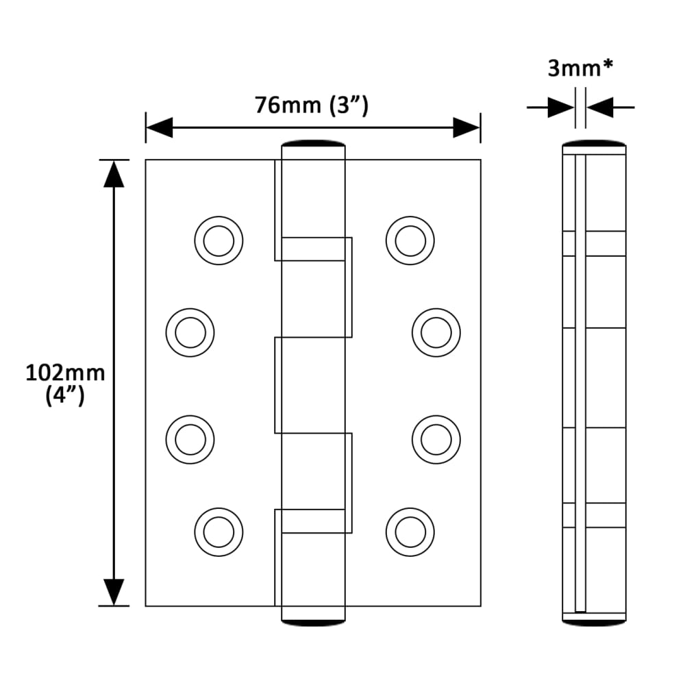 Arrone AR8180 Twin Ball Bearing Butt Fire Door Hinge - 102 x 76 x 3mm - 201 Satin Stainless - Pair